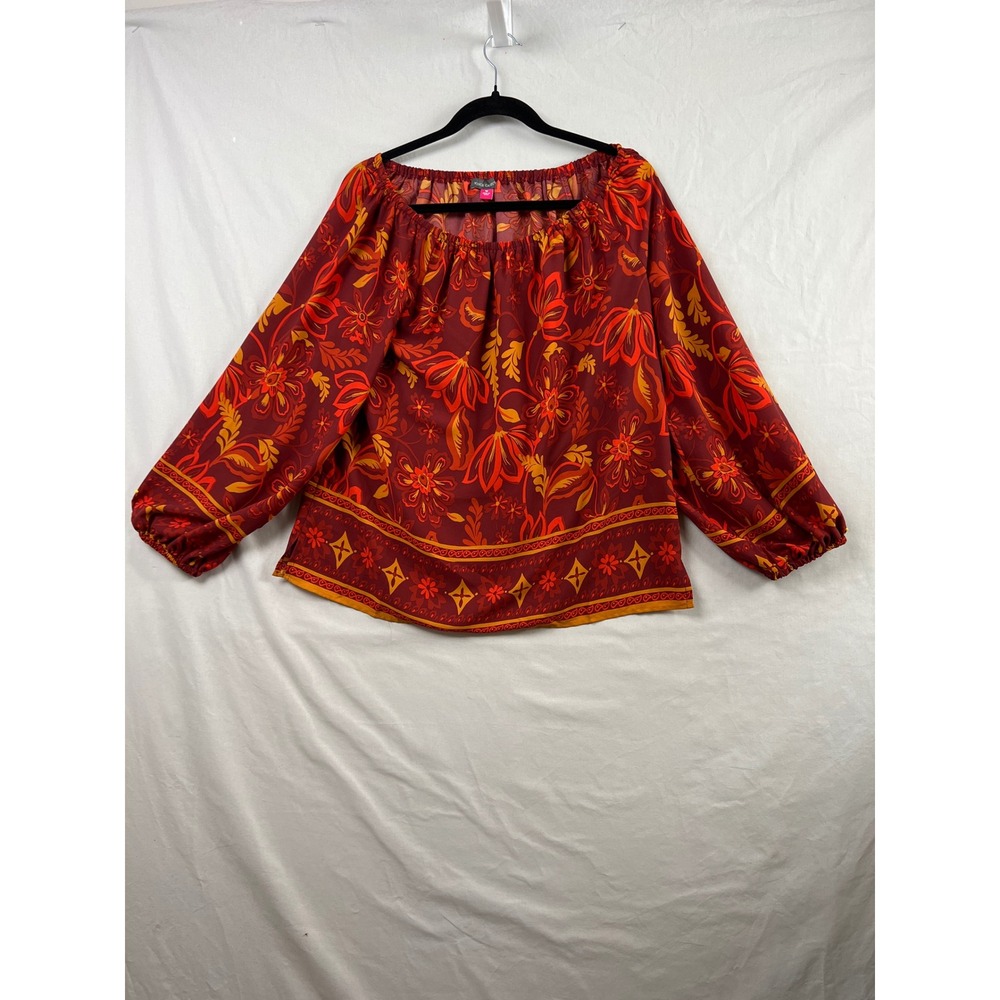 Vince Camuto Floral Blouse Womens Medium Chili Red Off Shoulder Balloon Sleeve